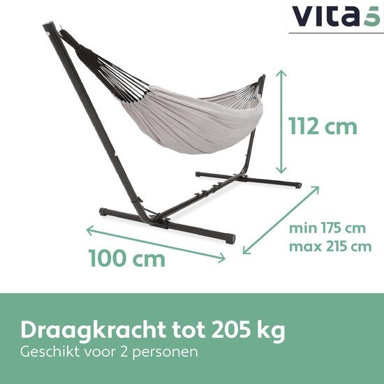 Vita5 Hamac avec support - 2 personnes - longueur réglable - sac de transport inclus - poids 205 kg - gris