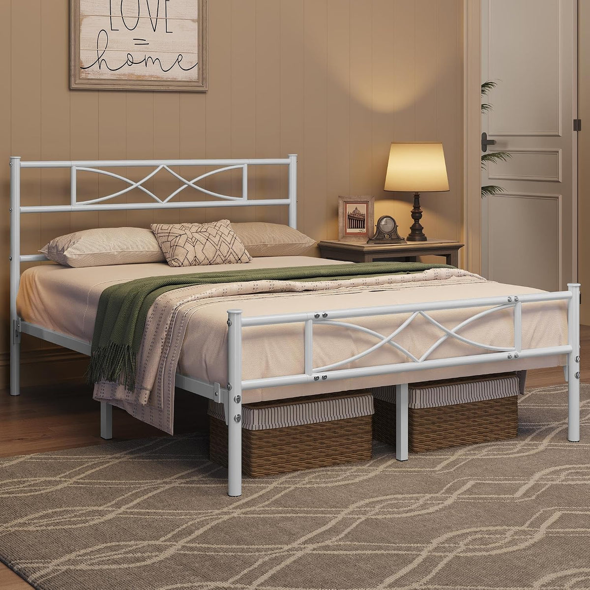 Yaheetech Cadre de lit en métal - Tête de lit avec motif en croix - 140 x 200 cm - Blanc