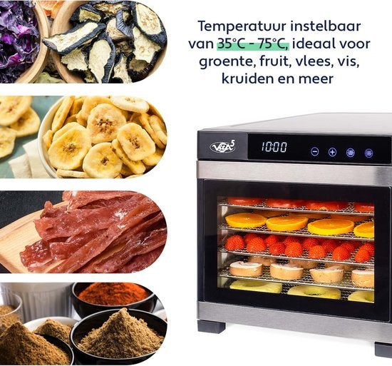 Vita5 Nobel PRO 6 Déshydrateur alimentaire - Four de séchage - acier inoxydable - minuterie 24 heures - panneau de contrôle LED - Déshydrateur - 6 couches