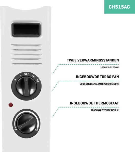 VONROC Chauffage électrique - Convecteur avec ventilateur de radiateur intégré - 2 réglages : 1250W/2000W - Thermostat réglable - Chauffe les pièces jusqu'à 24m2 - Design moderne - Blanc