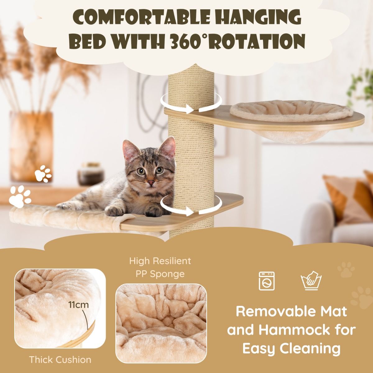 Structure d'escalade pour chats Coast - Plusieurs niveaux - Arbres à griffer et niche - Hamac et tapis lavables - Beige 75 x 56 x 191 cm