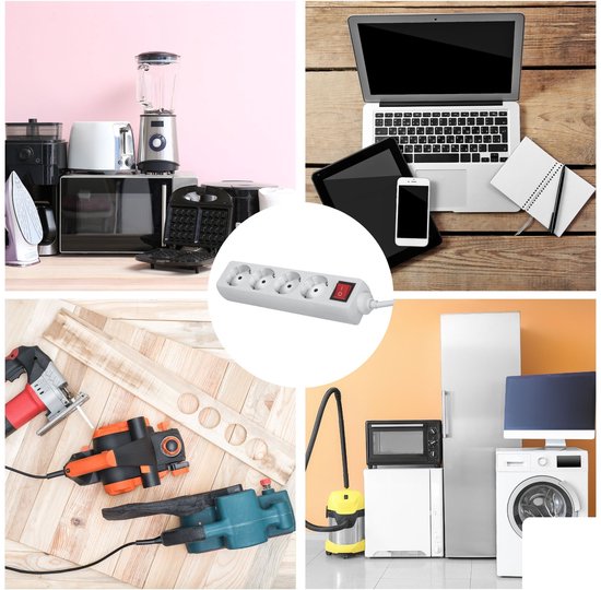 Multiprise Perel avec interrupteur, 4 prises avec broche de terre (type E), câble de 3 m, 3G1,5, usage intérieur, blanc