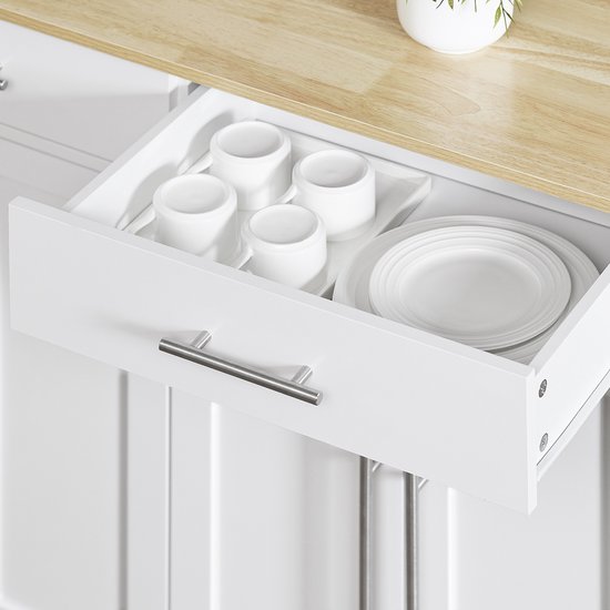 SoBuy FKW129-WN Chariot de cuisine sur roulettes - Ilot de cuisine avec plan de travail coulissant, 2 tiroirs et étagères réglables - Chariot de cuisine mobile ou meuble de table à manger, blanc 113x91x(44-69) cm