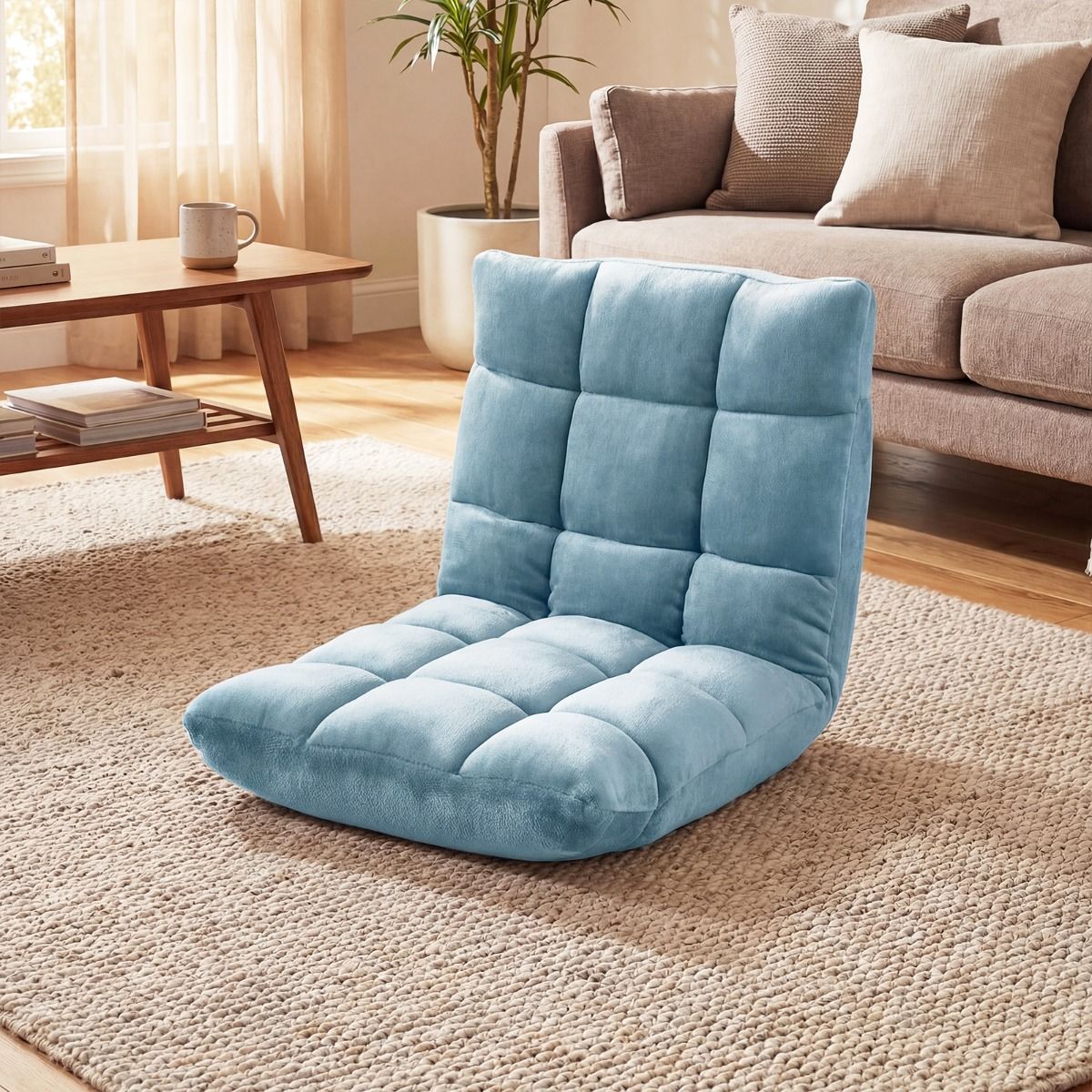 Fauteuil de sol pliable Coast - Dossier réglable sur 14 positions - Mousse haute densité - Velours couleur corail - 49,5 x 60 x 51 cm