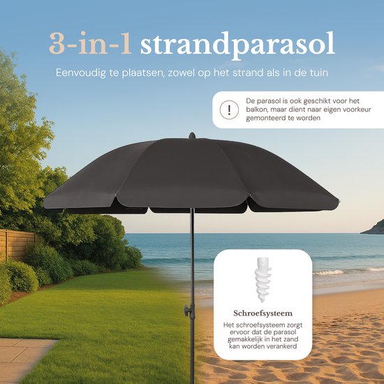 Ensemble de parasol O’DADDY® – Inclinable et réglable – Imperméable – Résistant aux UV – Avec piquet et sac de transport – Plage, jardin et balcon – 180 cm – Gris foncé