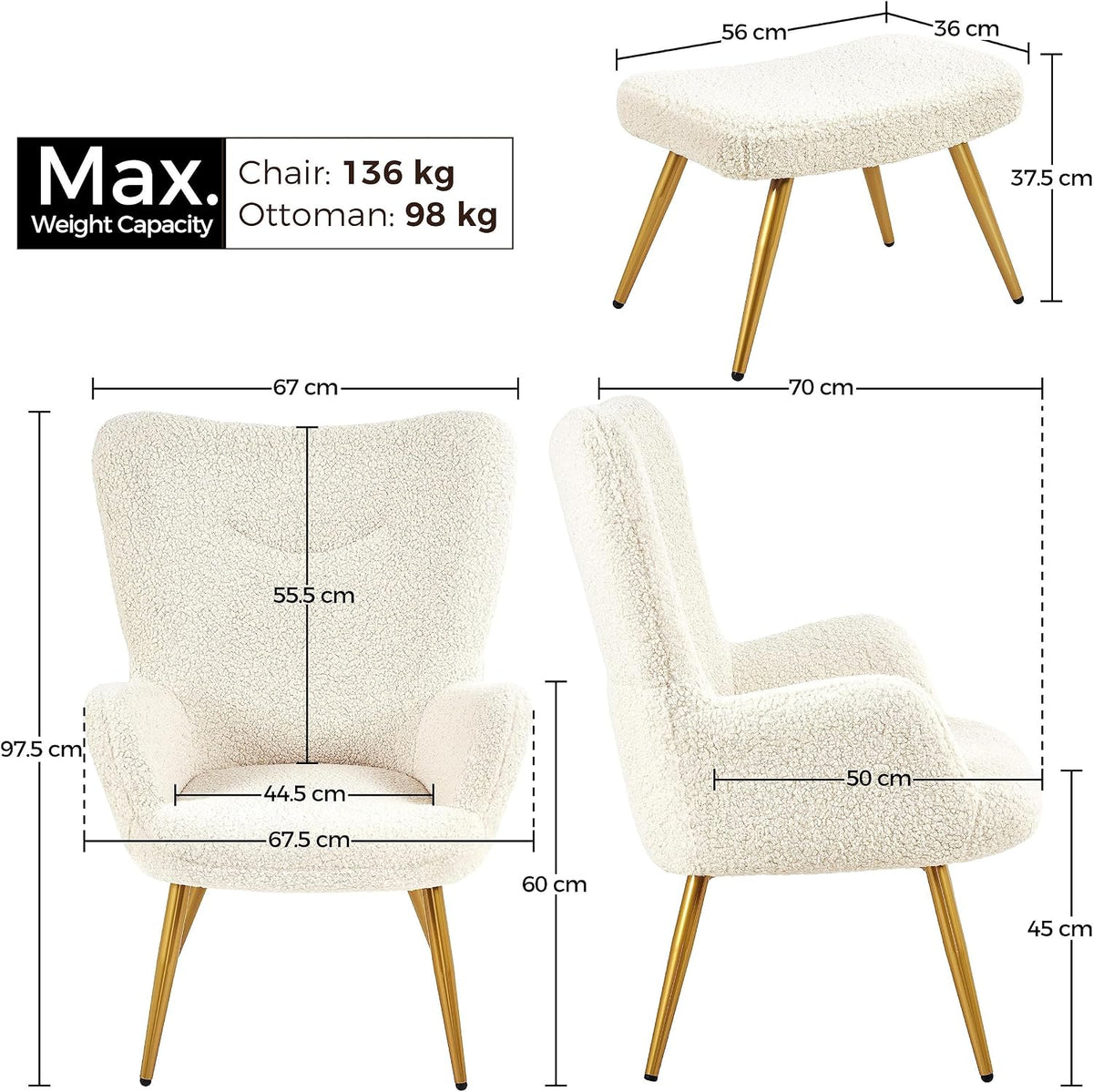 Fauteuil d'écoute Yaheetech avec repose-pieds – Tissu Teddy – Blanc ivoire – 67,5 x 70 x 97,5 cm