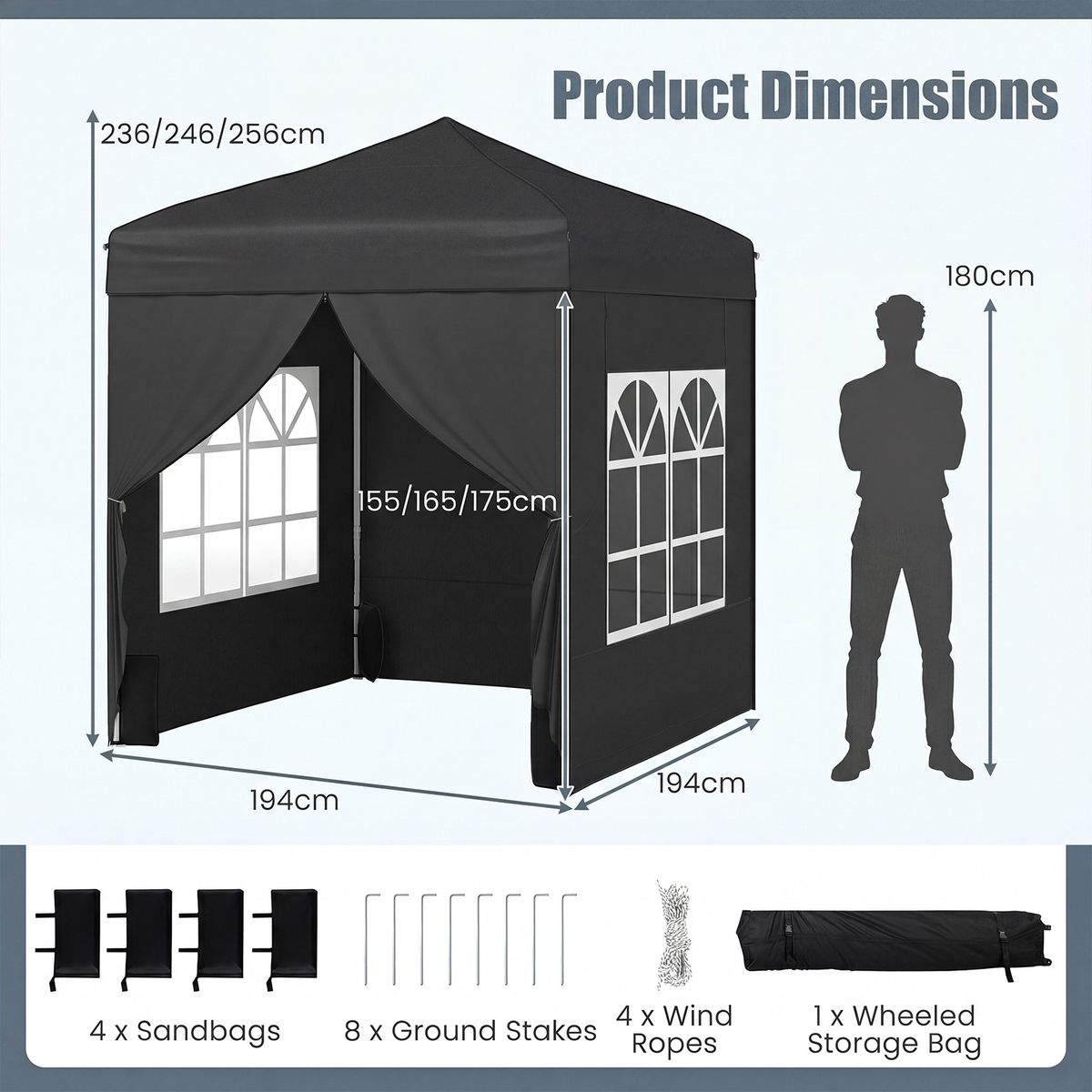 Pavillon de jardin pliable Coast - hauteur réglable - parois latérales amovibles - gris/noir/blanc 2 x 2 m