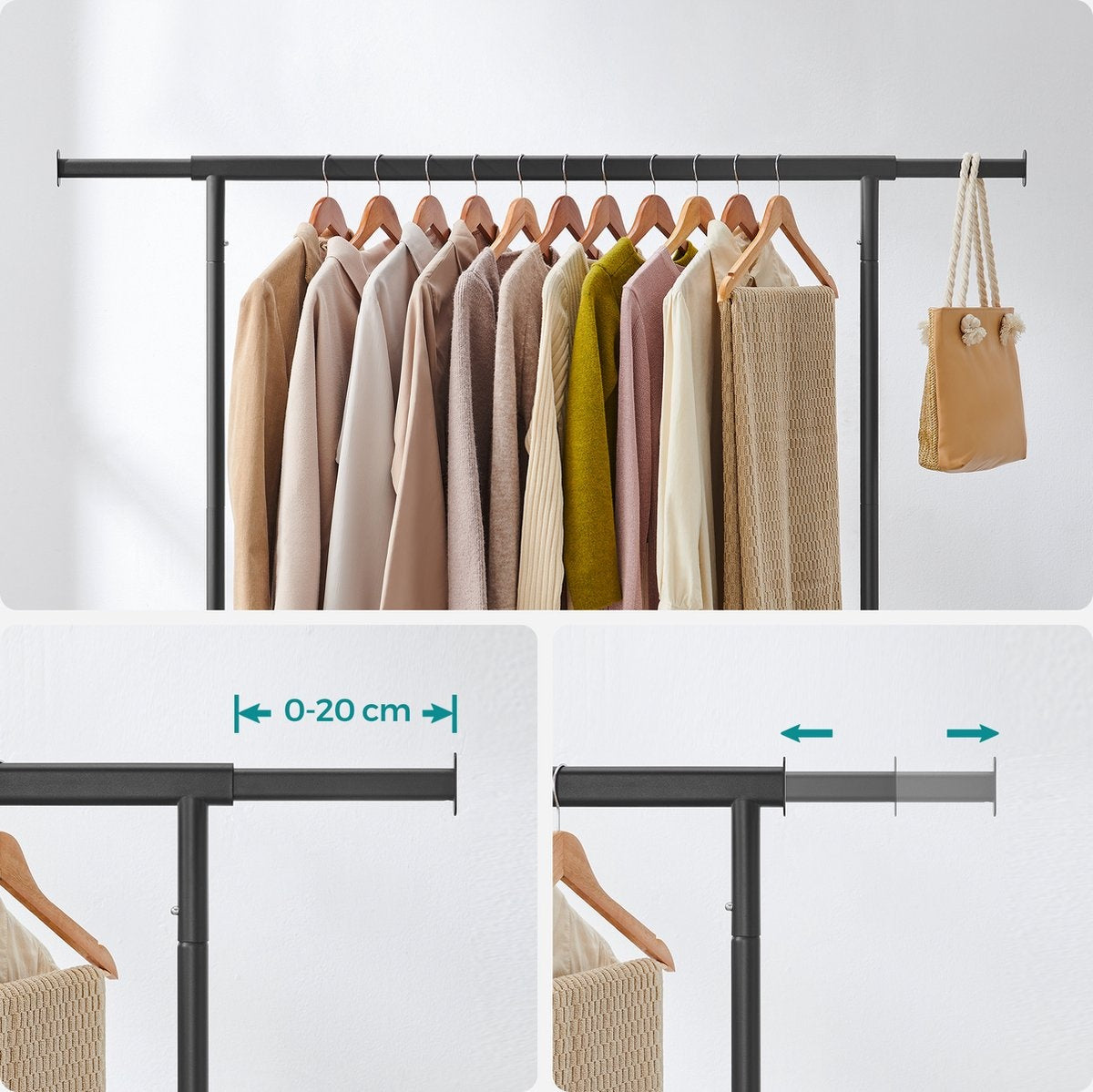 O'DADDY® Porte-vêtements à roulettes - Porte-penderie - Tringle de suspension extensible - Design robuste - Stable jusqu'à 130 kg - Métal - Noir