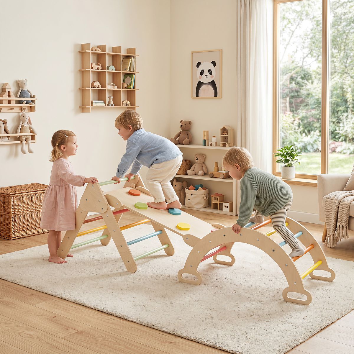 Structure d'escalade en bois Coast Montessori - Ensemble de jeux 3 en 1 comprenant un triangle d'escalade, un arc d'escalade et une rampe - coloré