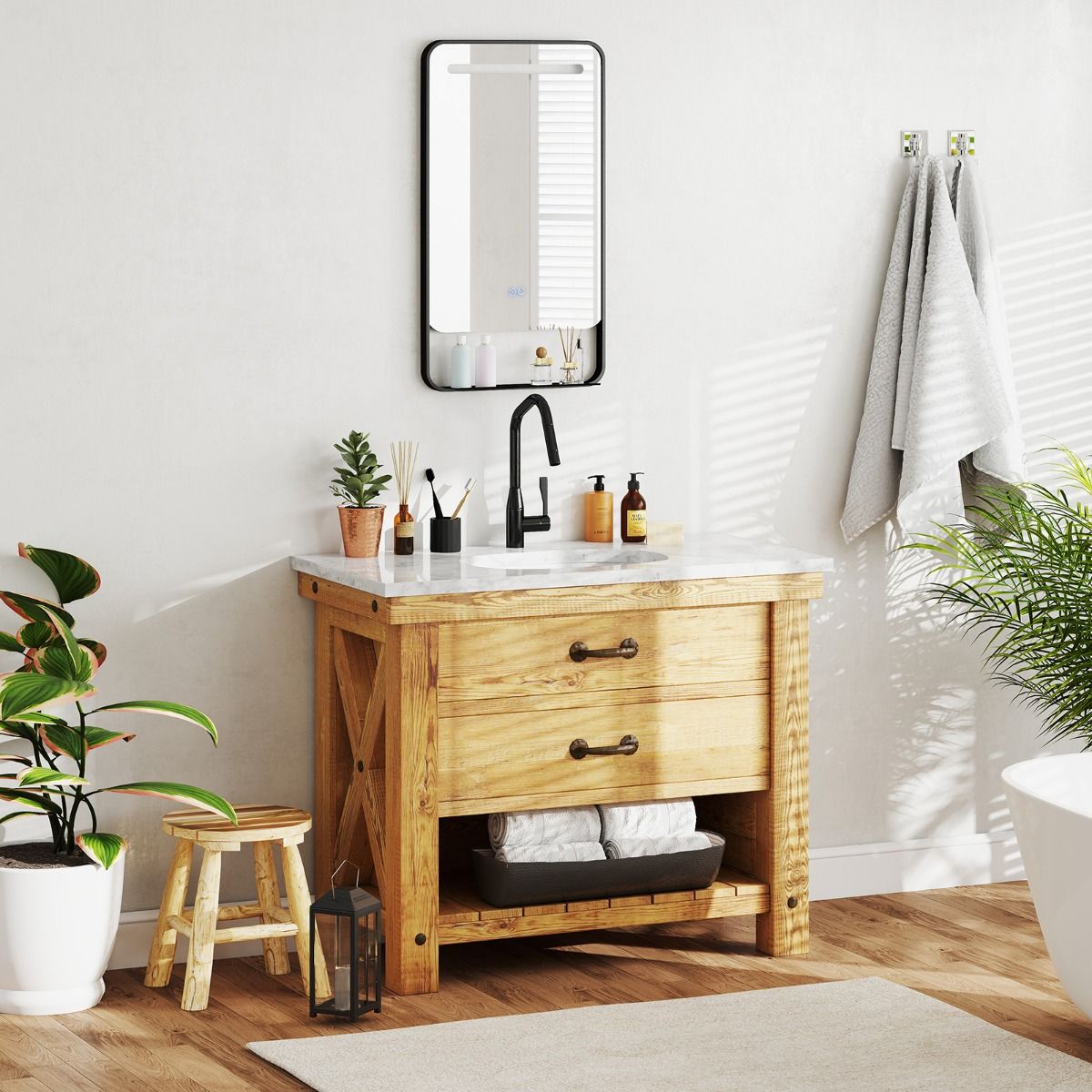 Miroir de salle de bains Coast à LED avec étagère - fonction anti-buée - température de couleur réglable - noir - 88,5 x 50 cm