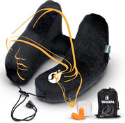 TRAVARA Oreiller gonflable pour la nuque - The Airsnoozer - Oreiller de voyage - Pour l'avion et la voiture - Avec bouchons d'oreilles - Oreiller pour la nuque - Noir