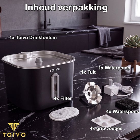 Toivo Fontaine à eau pour chat - 2,2 L - Acier inoxydable - Fontaine à eau avec fenêtre, 4 filtres inclus - Distributeur d'eau - Silencieuse - Fontaine pour chat - Abreuvoir - Bol à eau - Noir