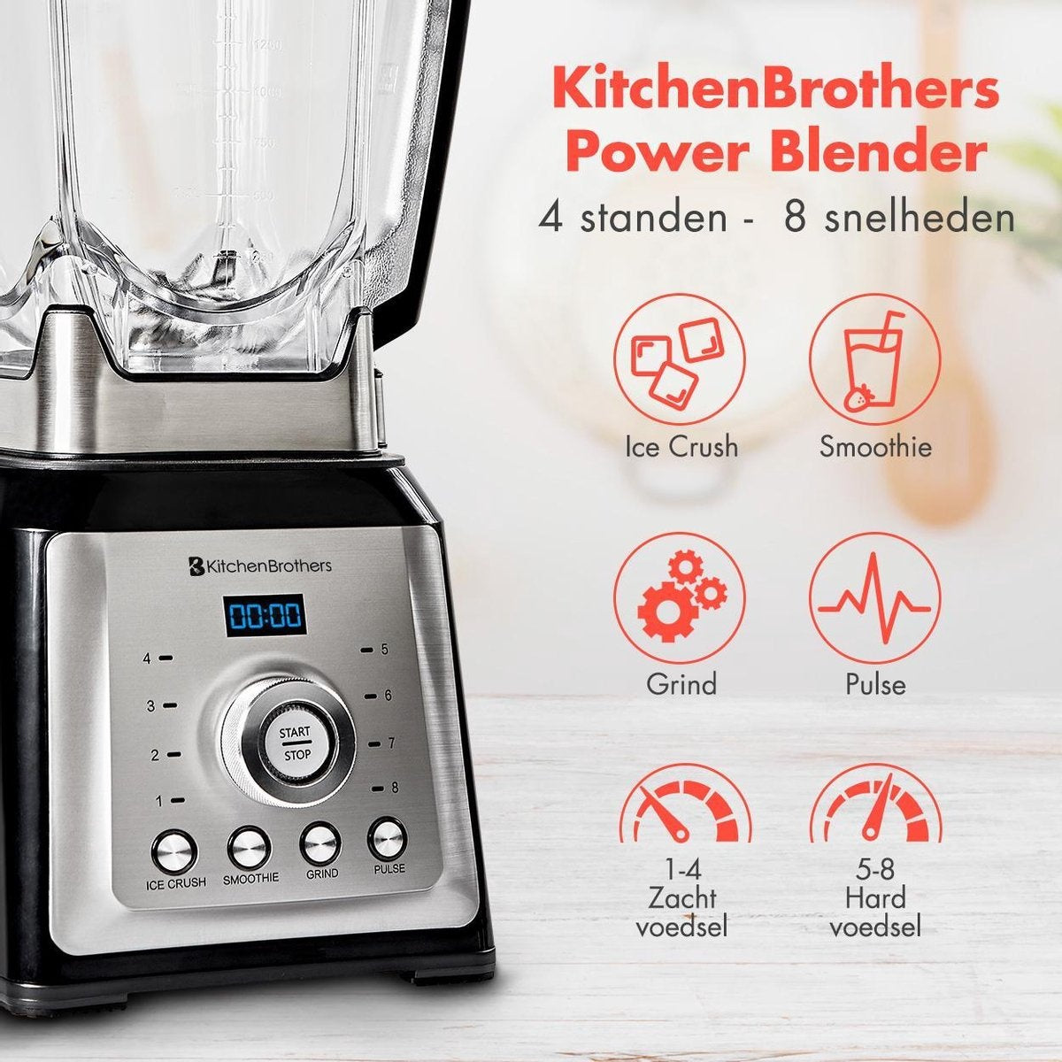 Blender - KitchenBrothers - Mixeur - 2000W - 2L - Machine à smoothie- 8 niveaux/4 vitesses - Acier inoxydable