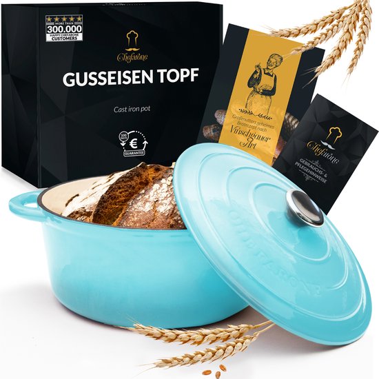 Casserole en fonte Chefarone 4,7 L - Sans PFAS - Casserole avec couvercle - Compatible avec toutes les sources de chaleur - Émaillée bleue