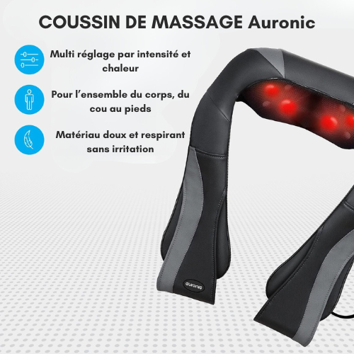 Appareil de massage Shiatsu – Auronic - Coussin de Massage Shiatsu - Chauffant pour cou, nuque et épaules – Noir/Gris