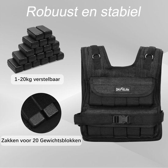 Gilet lesté réglable DH FitLife 20 kg, compact et stable, pour le développement musculaire et la musculation, gilet lesté, gilet de course à pied pour femmes et hommes, gilet de fitness, gilet d'entraînement