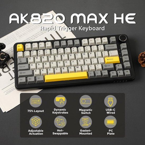 Ajazz AK820 MAX HE - 75% Wired RGB Gaming Keyboard - Hall Effect Rapid Trigger Mechanical Keyboards - Gasket - Hot Swap - 8K Hz Polling Rate - QWERTY Keyboards - 82 Keys - Moonlight Yellow