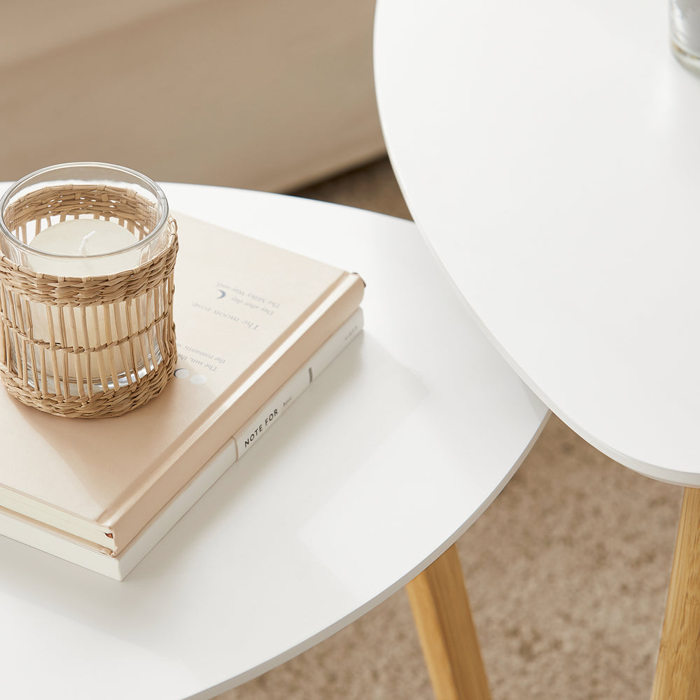 Lot de 2 petites tables avec étagères, table basse, table de salon, petite table, bambou, blanc/naturel