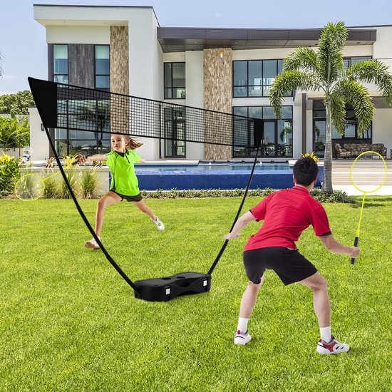 COSTWAY Support de filet de badminton, jeu de navette portable avec raquettes, 2 navettes, filet et boîte de rangement, set complet de badminton pour badminton/tennis et volley-ball pour l'intérieur et l'extérieur