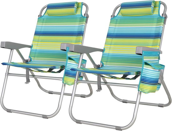 Lot de 2 chaises de plage de luxe - Réglables (5 positions) - Pliables avec sangles de sac à dos, sac isotherme et porte-serviettes - Rayures vertes et bleues