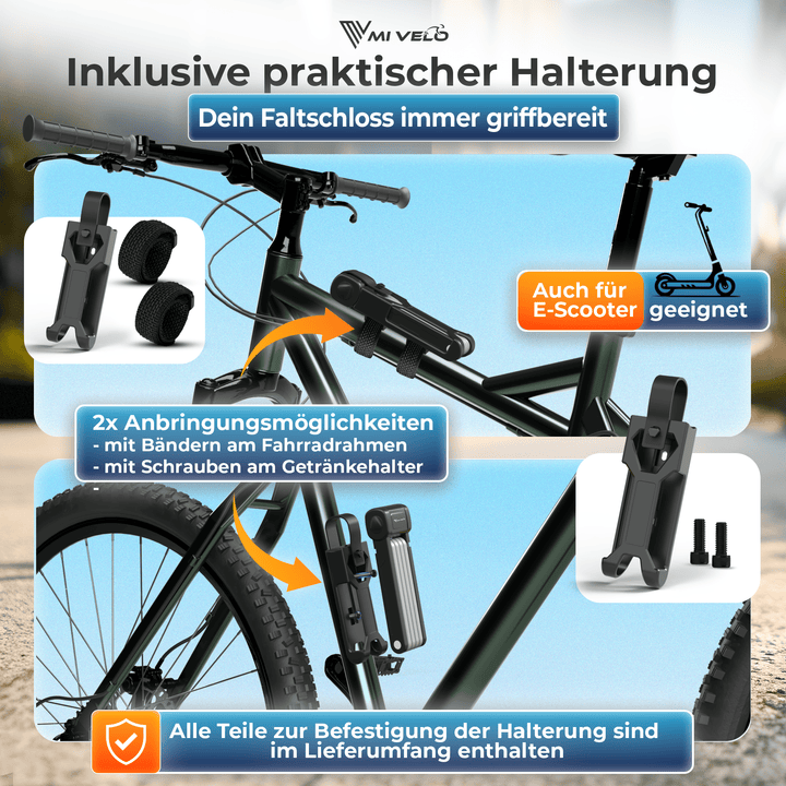 Antivol à vélo MIVELO pliable haute sécurité, 85 cm de long I Antivol à vélo avec clé, support inclus I Idéal pour les vélos électriques, les VTT et les vélos de course I Antivol à vélo (clé, 85 cm)