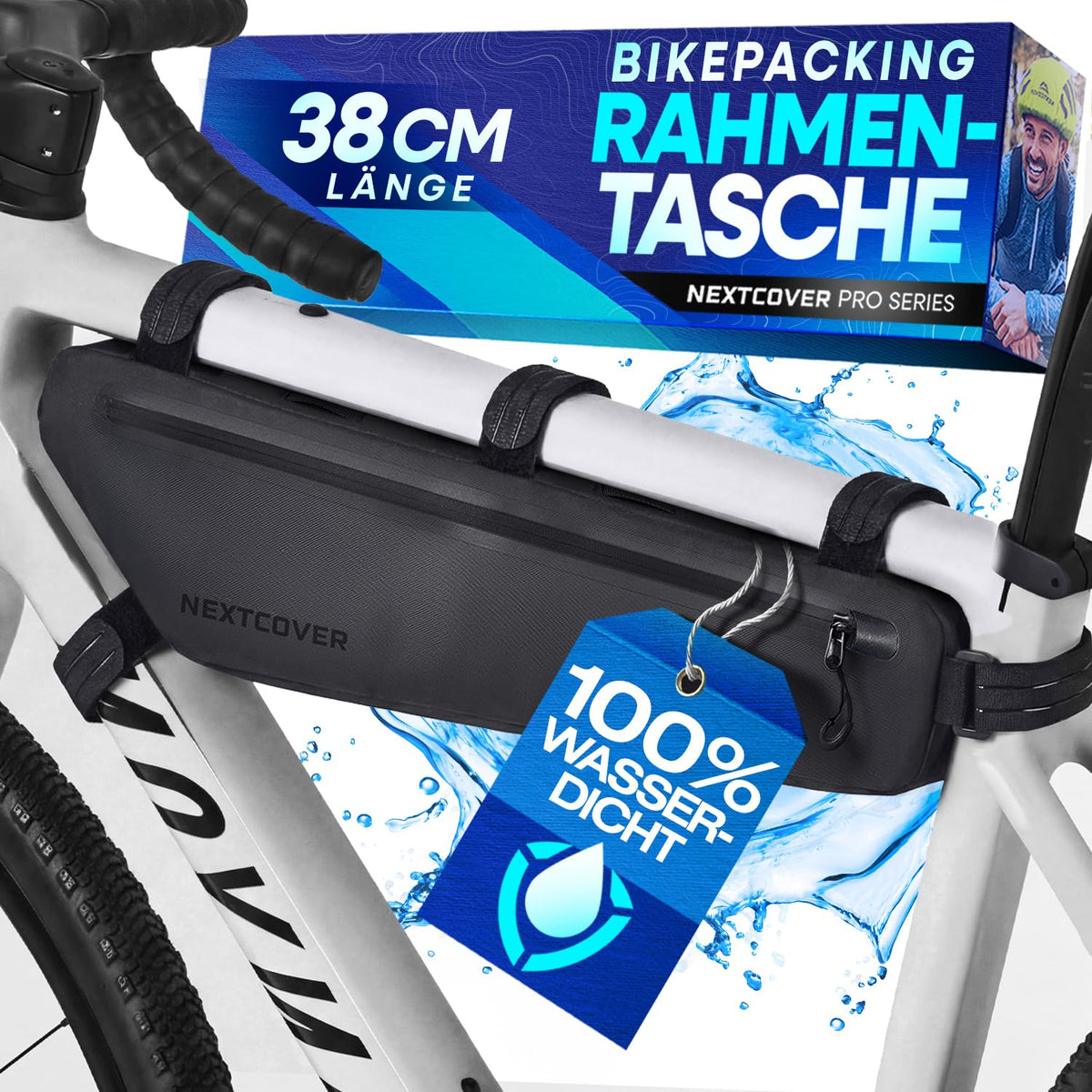 Sac de cadre Nextcover pour bikepacking 38 cm - sac de vélo pour cadre et tube diagonal - 100 % imperméable AquaShield TPU