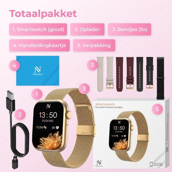 Montre connectée Nuvance pour femme - Montre podomètre pour femme - Cardiofréquencemètre - Montre de sport - Compatible iOS/Android - Écran AMOLED - 5 bracelets inclus - Couleur or