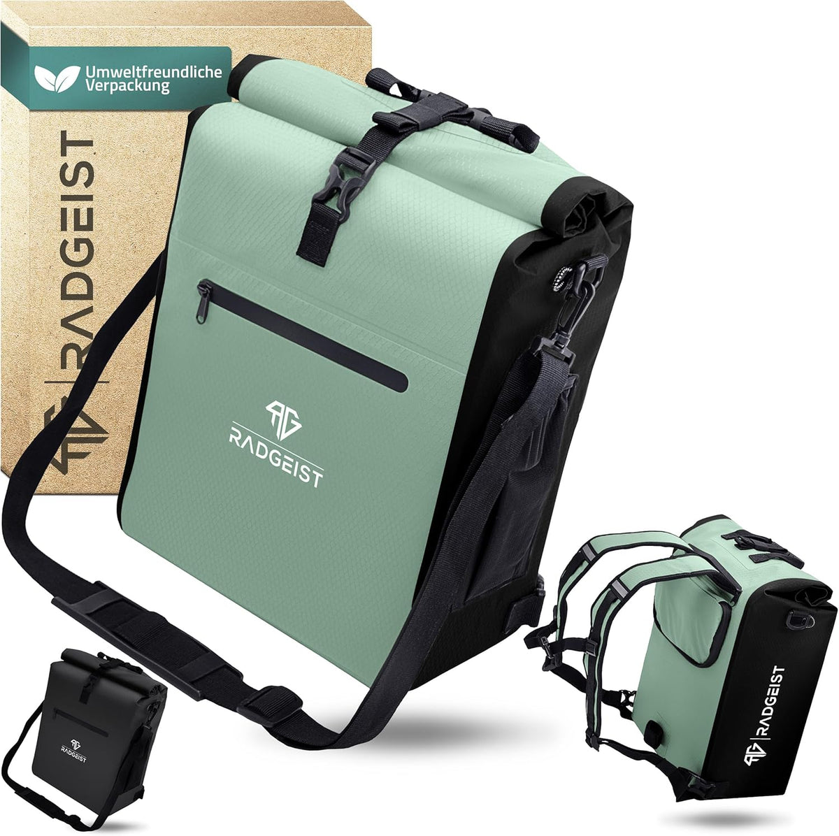 RADGEIST 3in1 bike carrier bag - sac à dos pour vélo - sac de transport - sac à bandoulière - avec compartiment pour ordinateur portable - étanche - 25L - Mint