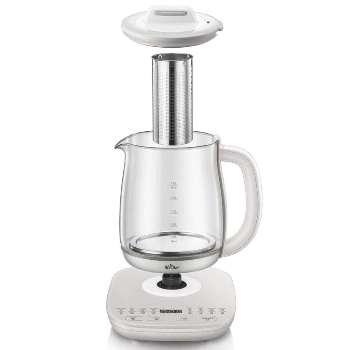 Bouilloire multifonction Bear YSH-C18R6 1,8 L – 16 en 1 – Thé, soupe et fondue – Commande numérique – Pichet en verre – 1 000-1 200 W – Blanc