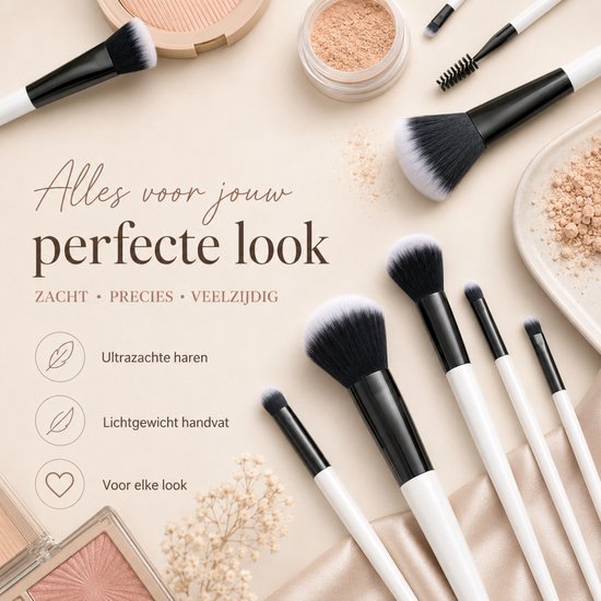 Ensemble de pinceaux de maquillage Vaive, 15 pièces - Pinceaux vegan - Pinceaux pour fond de teint, ombre à paupières, blush, kabuki et poudre bronzante - avec trousse - Blanc
