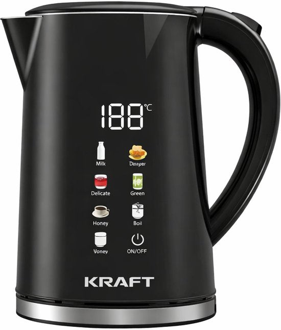 Bouilloire électrique KRAFT avec réglage de la température - 1,7 litre - Écran tactile LED - Noir - 2 200 W