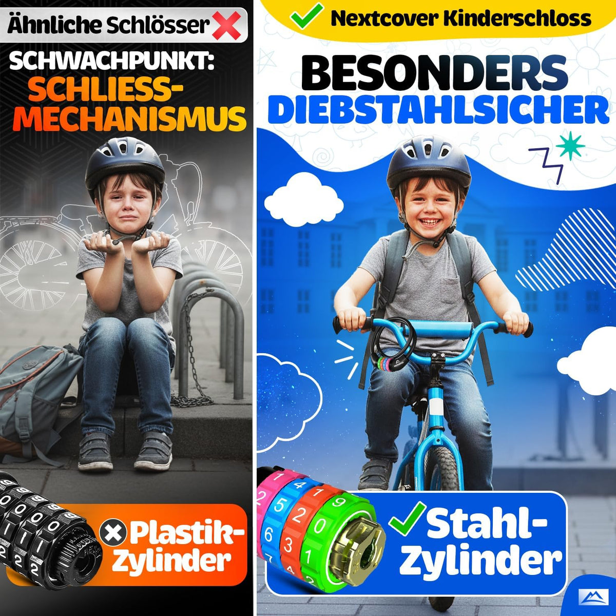 NEXTCOVER® Cadenas pour vélo d'enfant - Code numérique à 4 chiffres - Cadenas à combinaison pour vélo avec chiffres colorés - Cadenas pour scooter Extra robuste et sûr - Noir