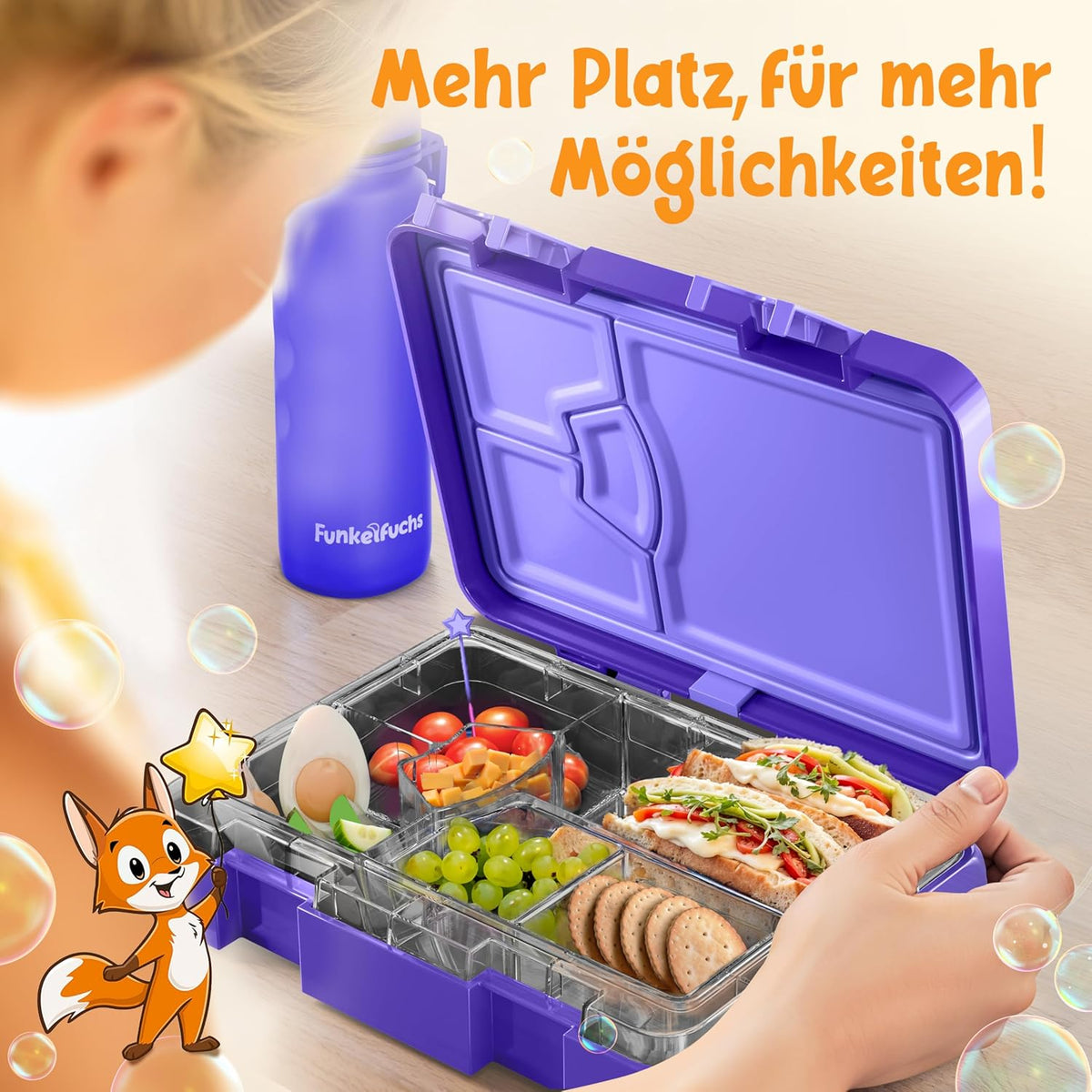 Funkelfuchs® - Lunchbox kids avec compartiment - 800ml, violet - Lunchbox moonlight, large - Boîte à snacks, boîte à snacks, boîte à lunch, boîte à repas, boîte à bento kids - pour l'école, la garderie et le jardin d'enfants