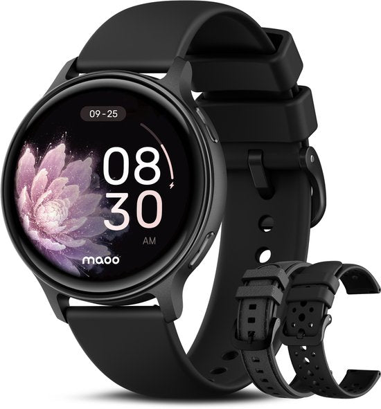Maoo Ventura 2 - Montre connectée GPS pour femme - Écran AMOLED - Bracelet en silicone, en cuir et de sport - Podomètre - Cardiofréquencemètre - Suivi du sommeil - Fonction d'appel - AOD - Multisport - Compatible avec Android et iOS - Noir