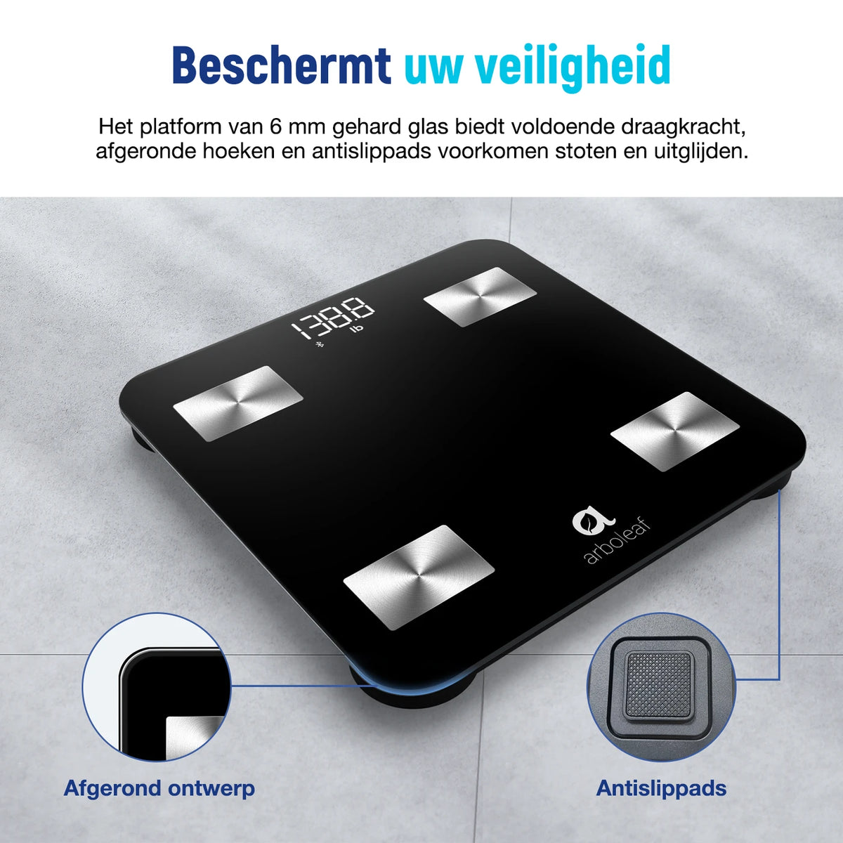 Pèse-personne intelligent Arboleaf CS20N - Bluetooth - 14 mesures corporelles - Analyse de l'IMC et de la masse musculaire - Application - Noir