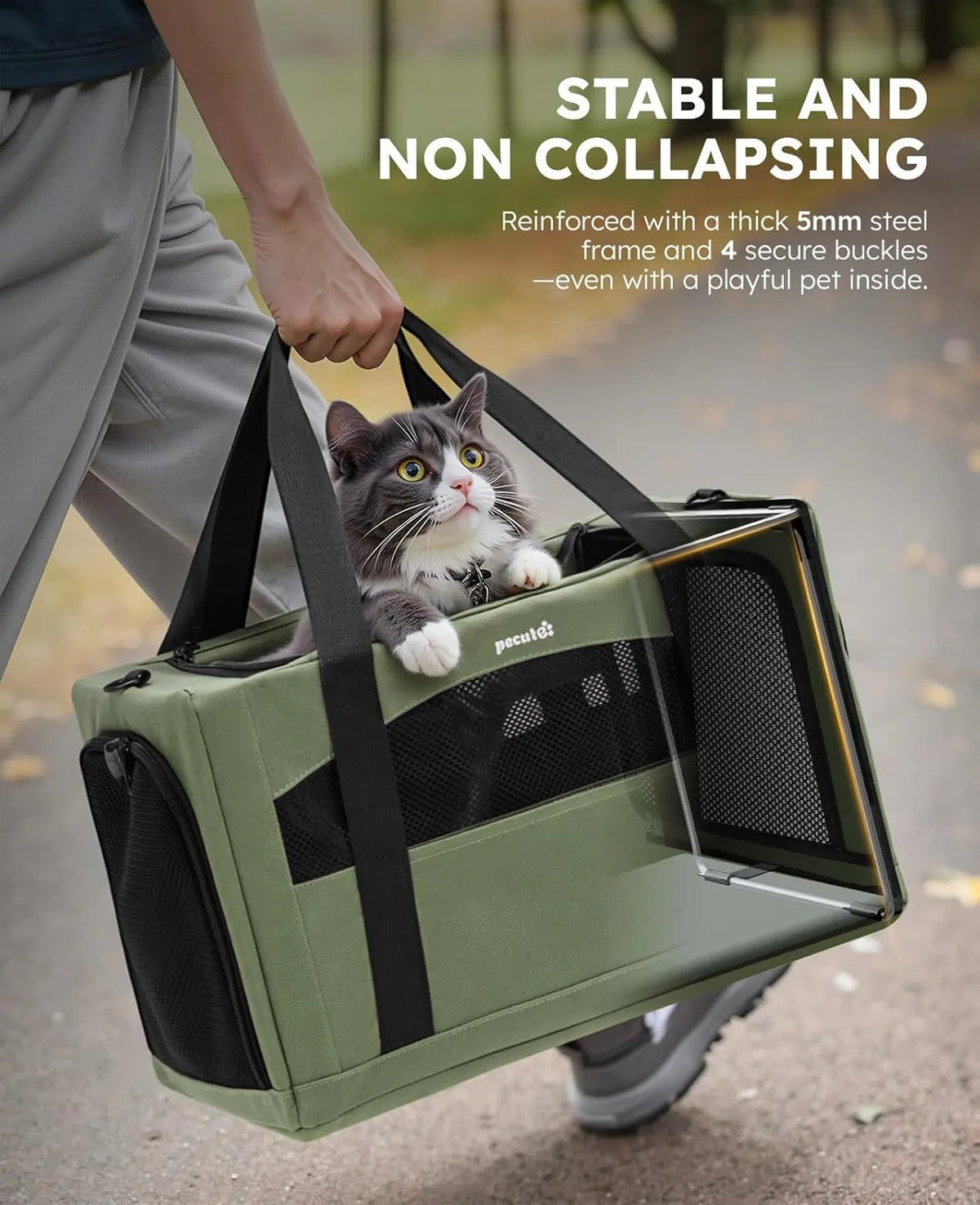 Sac de transport pour animaux de compagnie Pecute, série Frame - Vert militaire - 43 cm - Jusqu'à 5 kg, chat et petit chien