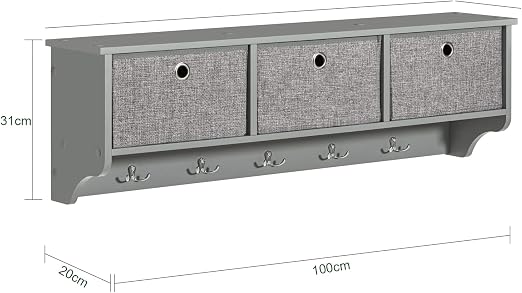 Porte-manteau mural SoBuy FRG282-HG – 3 paniers et 5 crochets – Gris – 100 x 20 x 31 cm