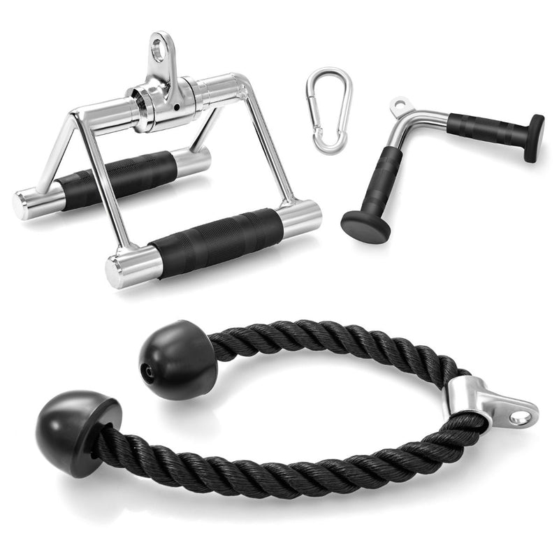 Kit d'accessoires pour machine à câbles Coast - Poignée en V - Double poignée en D - Corde pour triceps - Noir et argent