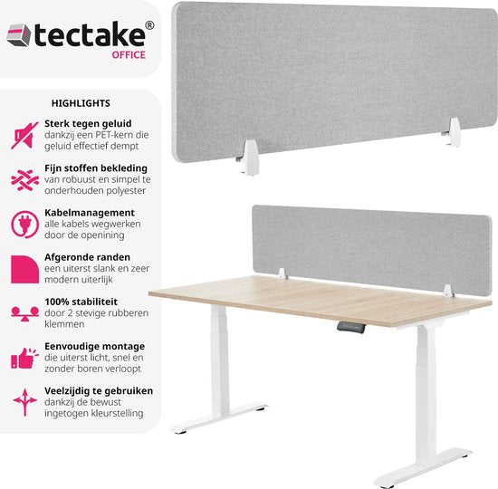 tectake® Séparateur d'écran de bureau Noisy - Avec noyau en PET insonorisant - Livré avec 2 clips de fixation - Dimensions (Lxl) 160 x 40 cm - Gris