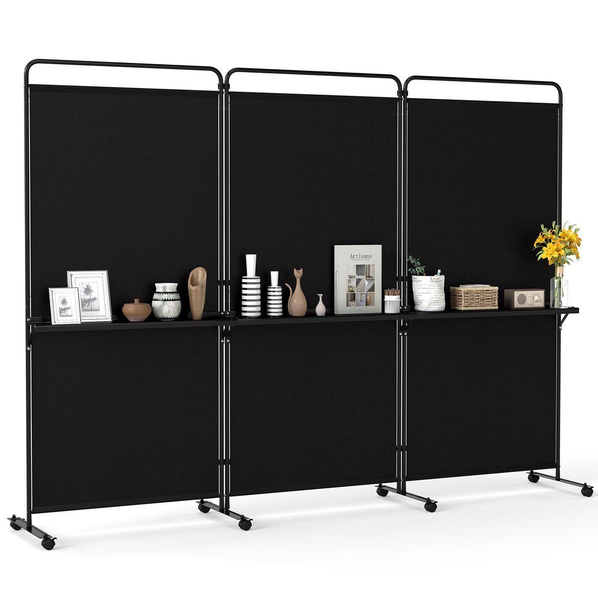 Coast - Séparateur d'espace 3 panneaux sur roulettes - Paravent pliable avec 3 étagères - noir 259 x 44 x 188 cm