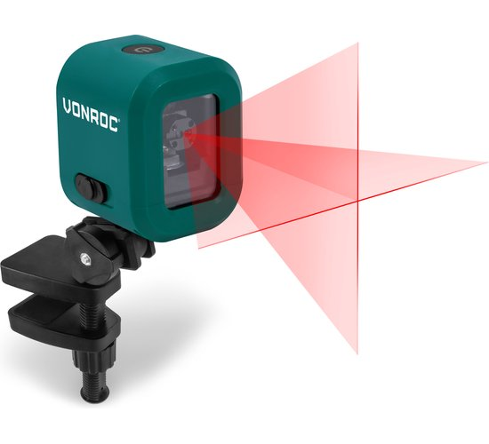 VONROC Cross Line Laser- Rouge - Batterie 4V - 1800mah - Nivellement automatique - Portée de 10 mètres - Support de montage, câble USB-C et sac de rangement inclus.