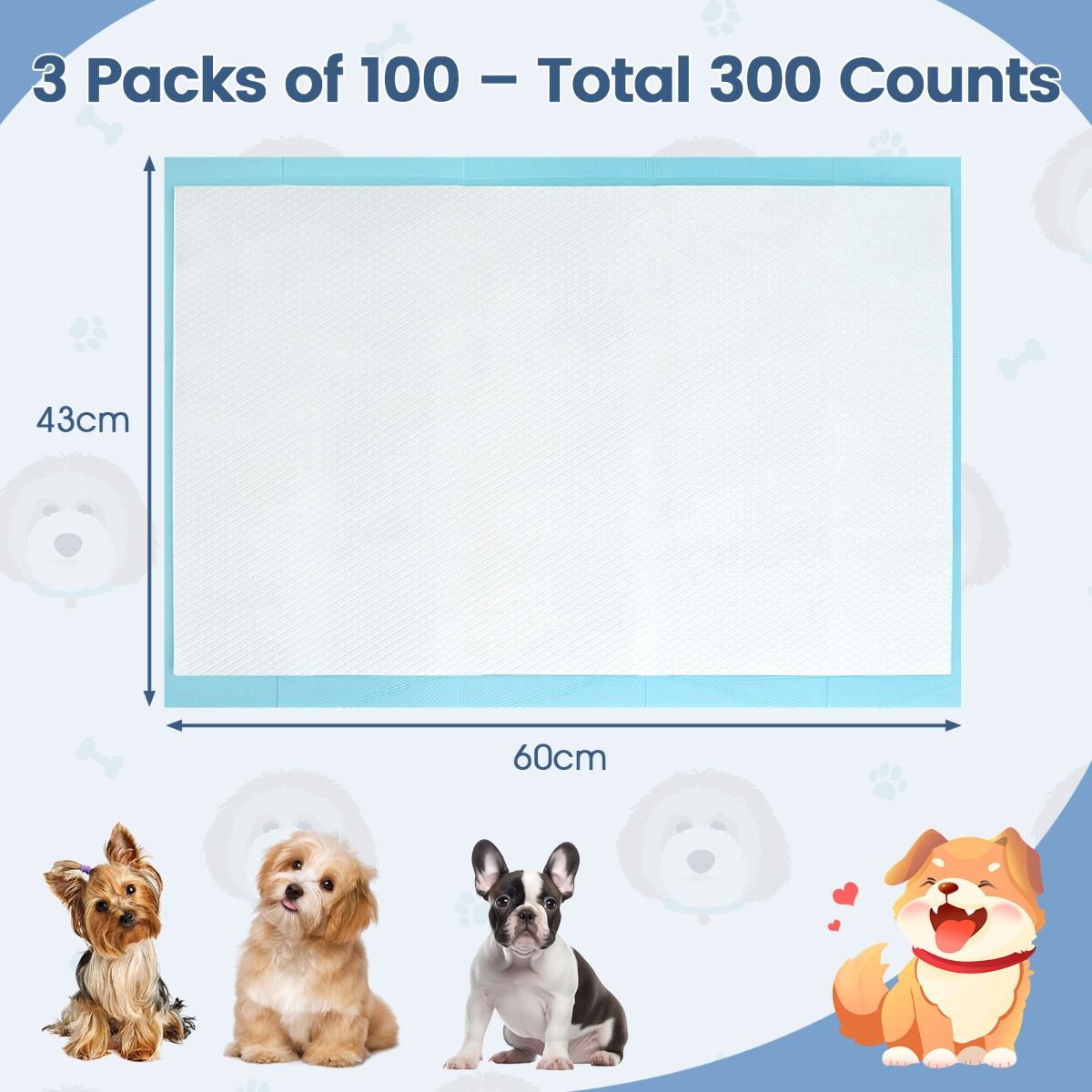 Tapis absorbants pour animaux de compagnie Coast - 6 couches - Étanches et ultra-absorbants - 60 x 43 cm - 300 pièces - Bleu/Blanc