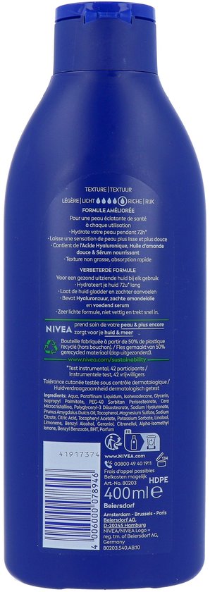 Lait corporel nourrissant NIVEA - à l'acide hyaluronique, à l'huile d'amande douce et au sérum nourrissant - Lait corporel offrant 72 heures d'hydratation - Pour les peaux sèches à très sèches - 400 ml