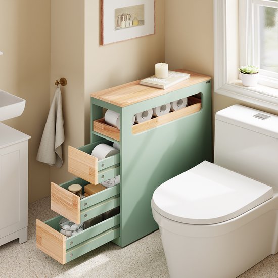 SoBuy Etagère de salle de bain avec 3 tiroirs - Meuble de salle de bain étroit sur roulettes - Rangement multifonctionnel - Vert, 65x24x82cm, BZR54-II-GR