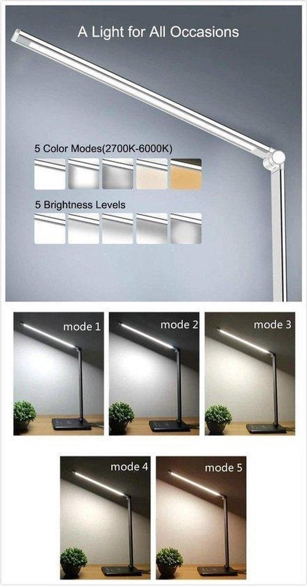 Fuegobird EK009 Lampe de bureau LED - Filaire - Chargement sans fil pour téléphone - Dimmable - Pliable - Smart Touch - Technologie Qi - Noir