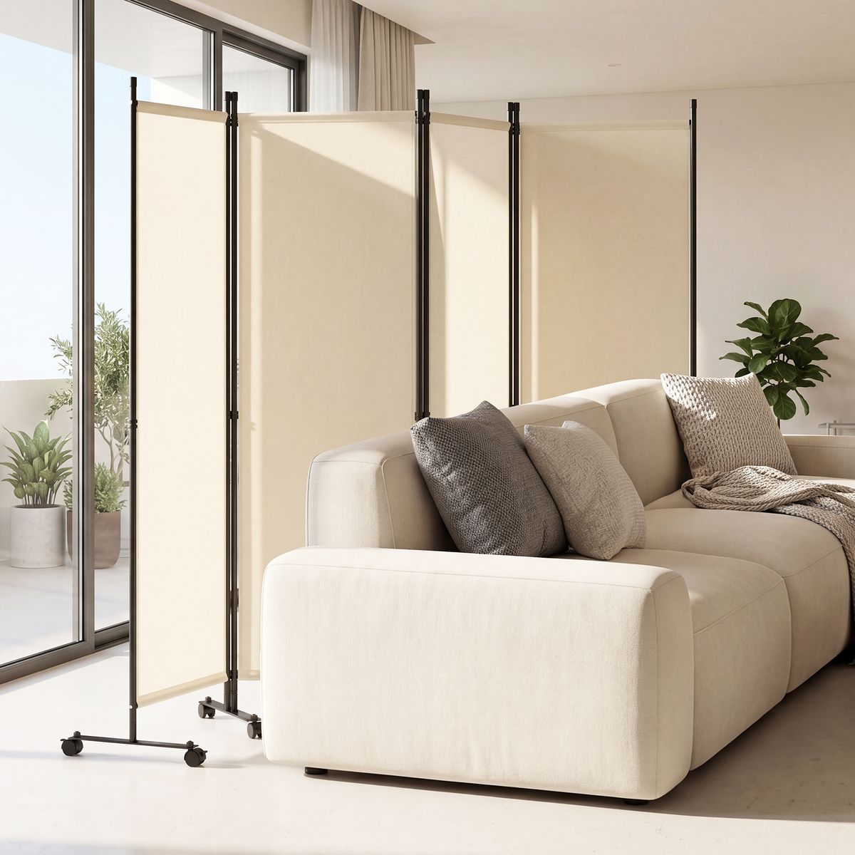 Coast : paravent à 4 panneaux sur roulettes - pliable - protège de la vue - beige - 1 pièce