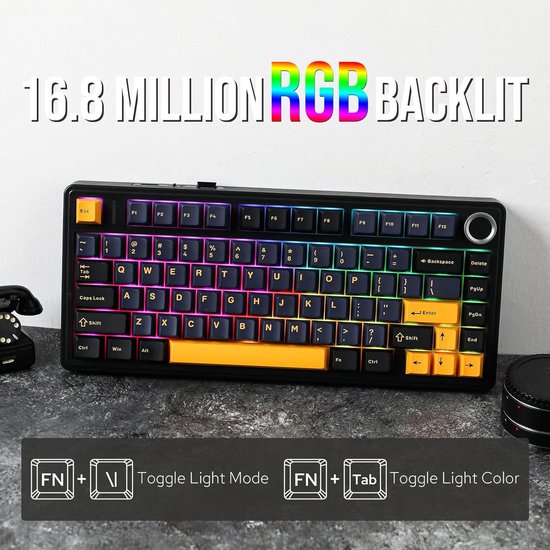 AULA F75 - Clavier gaming sans fil - Mécanique - Gasket - Hot Swap - Claviers QWERTY - Tri-mode - 80 touches - Noir tonnerre