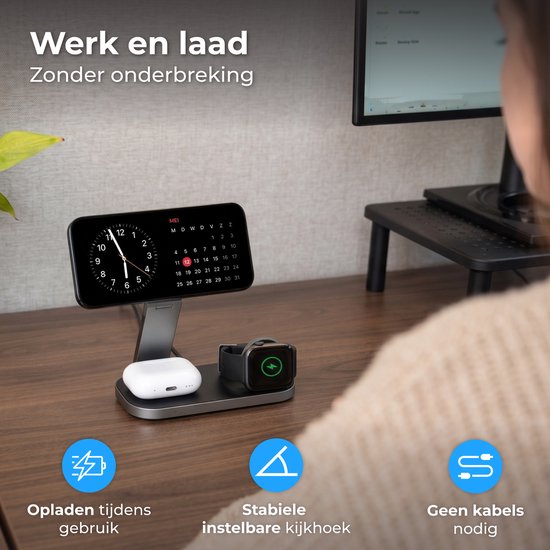 Chargeur sans fil Nuvance - 3 en 1 - 15 W - Station de recharge - Chargeur rapide - Chargeur sans fil - Compatible avec l'Apple Watch et les écouteurs Apple