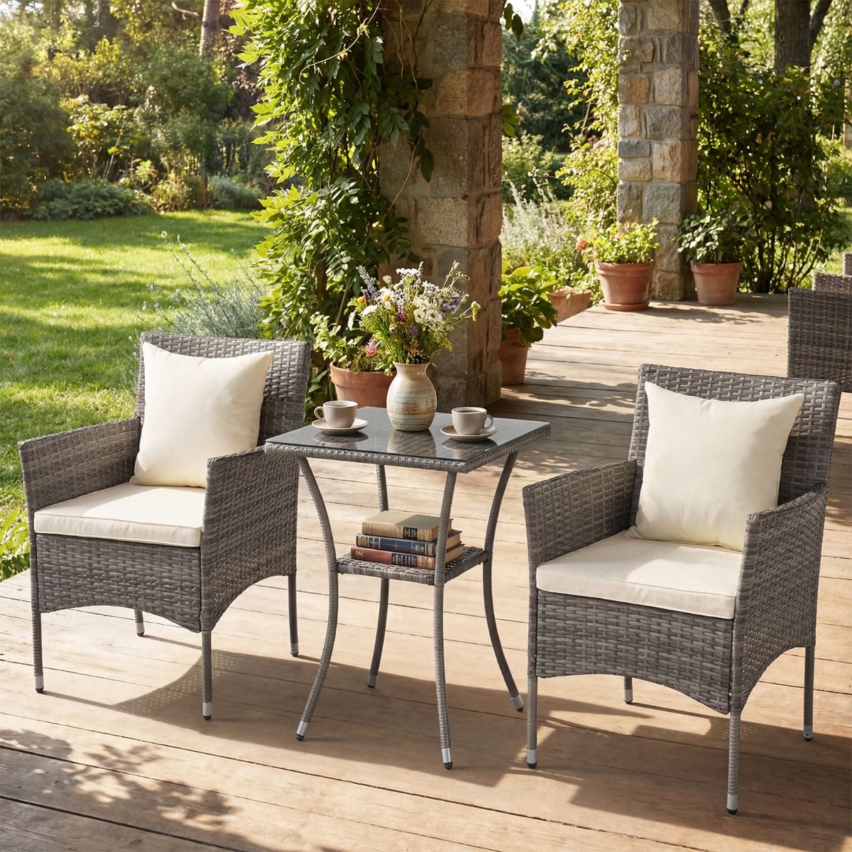 Ensemble de jardin Coast 3 pièces - 2 chaises de jardin en rotin avec coussins - table d'appoint en verre trempé - mélange de gris