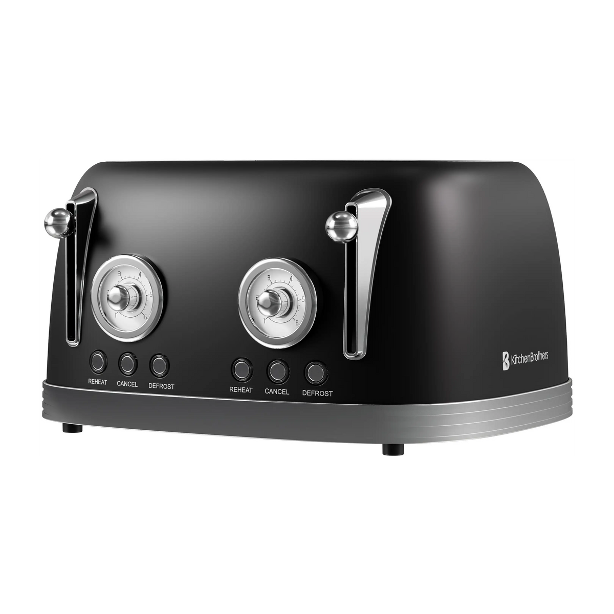 Grille-pain rétro KitchenBrothers à 4 fentes – Noir mat – 6 niveaux de brunissage